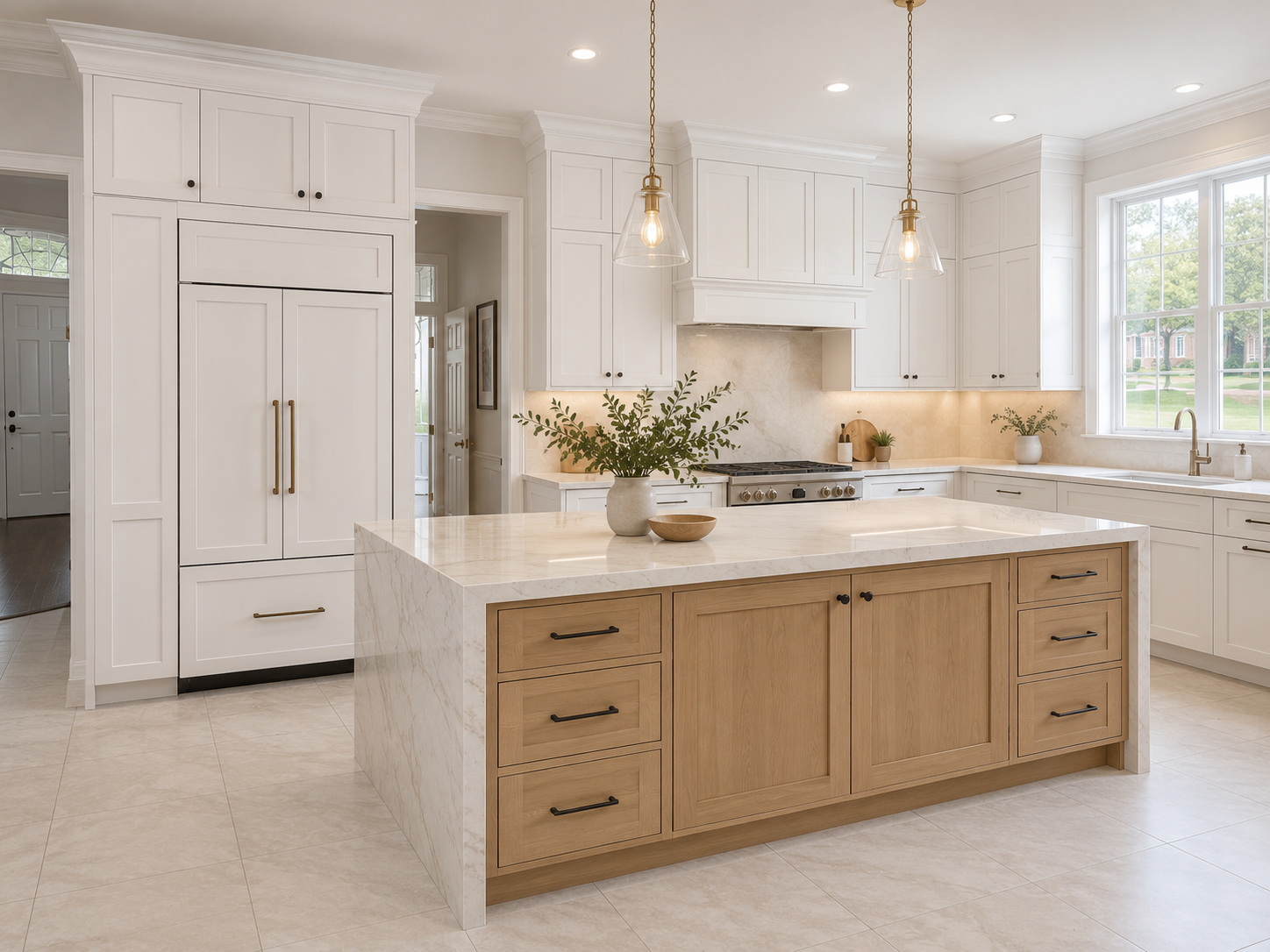 EE4F7232-F3F1-4AD4-9150-D698BD111AB4 Modern kitchen with white cabinets, marble island, four barstools, pendant lights, and wood accents.