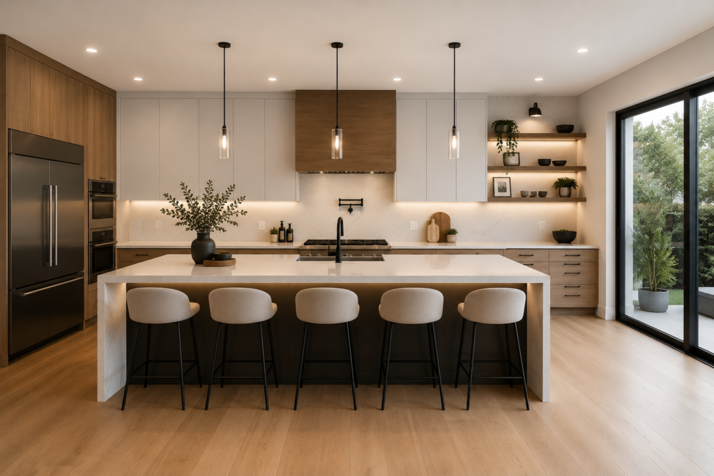 Modern kitchen with an island, bar stools, pendant lights, wood accents, and large glass doors to a patio.