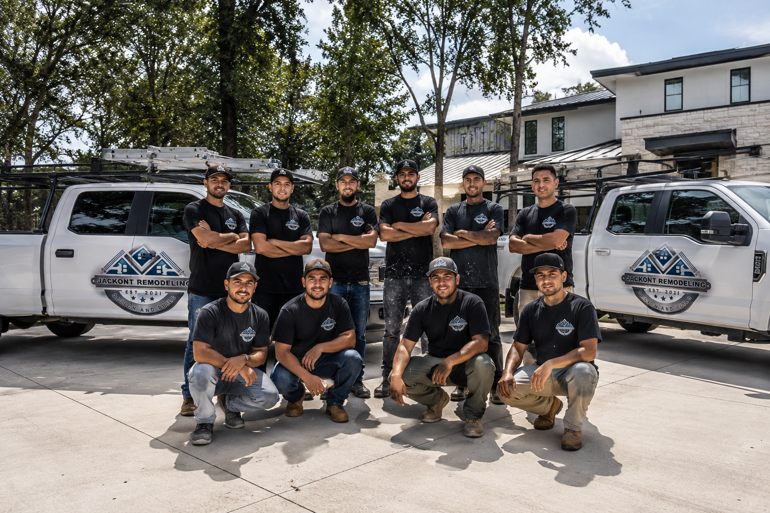 316C9722-BD33-4BE5-84BE-BE8437706B6D Ten workers in matching black shirts pose in front of two company trucks with remodeling logos on a sunny day.