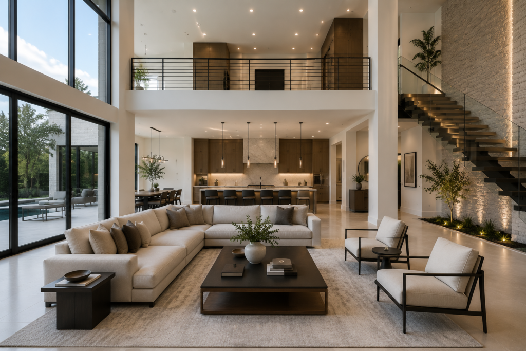 53A56FC9-36ED-4C43-9958-EDF5D1BCA2FE Spacious modern living room with large windows, neutral furniture, open kitchen, and floating staircase.