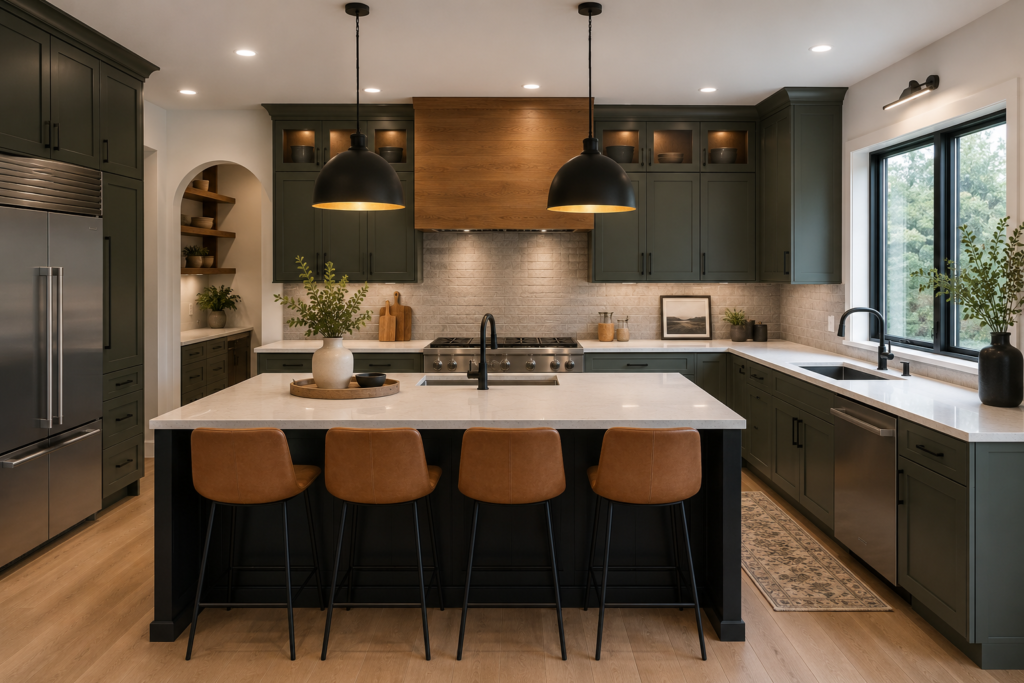 8018E04A-1F1A-4E97-9DEE-737B48212859 Modern kitchen with dark cabinets, island seating, pendant lights, and stainless steel appliances.