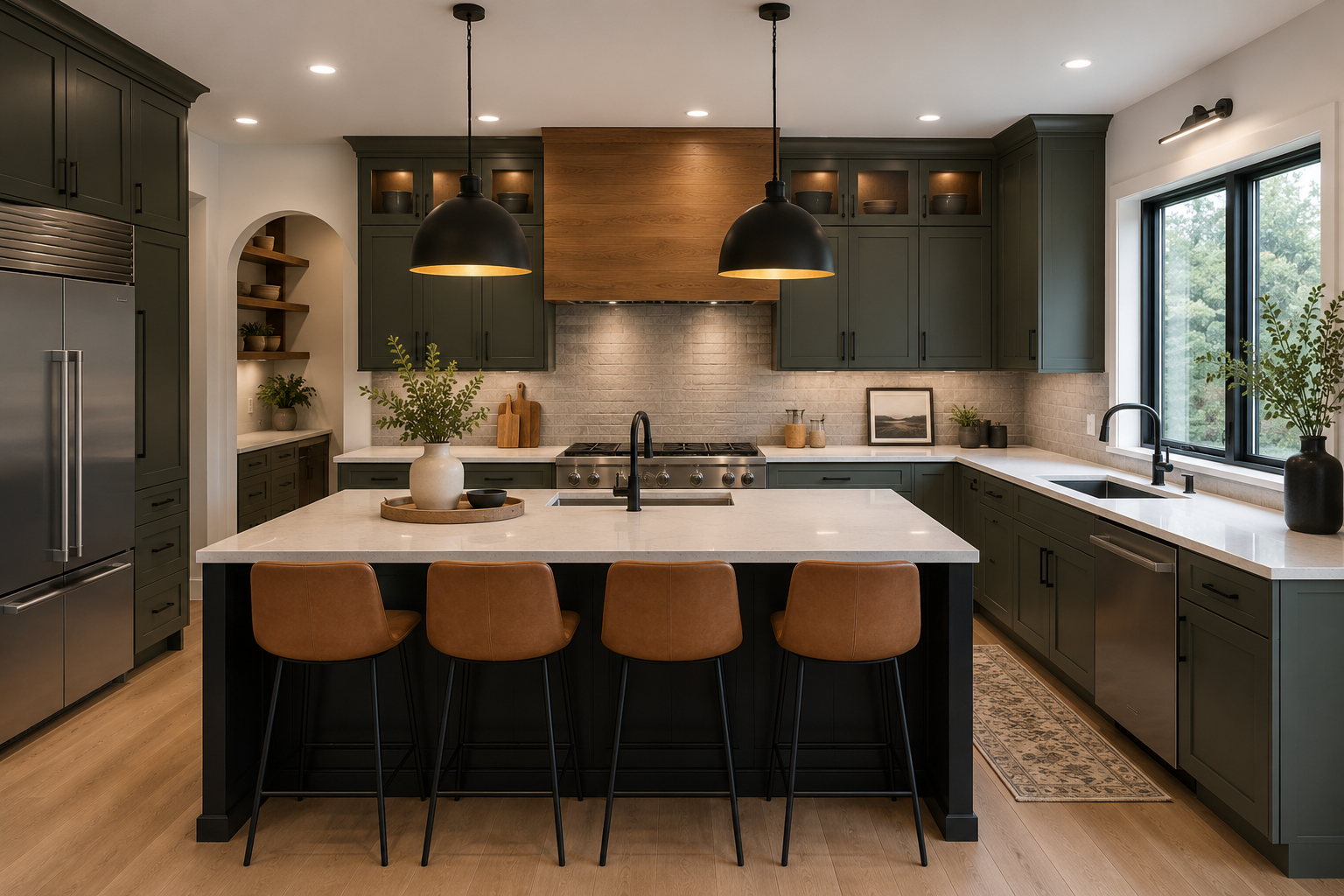 Modern kitchen with dark cabinets, island seating, pendant lights, and stainless steel appliances.