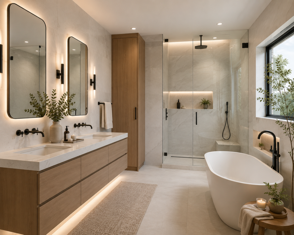 8506A39E-D500-4D8F-841F-159C39DD134D Modern bathroom with double sinks, freestanding tub, glass shower, wood cabinets, and large window.