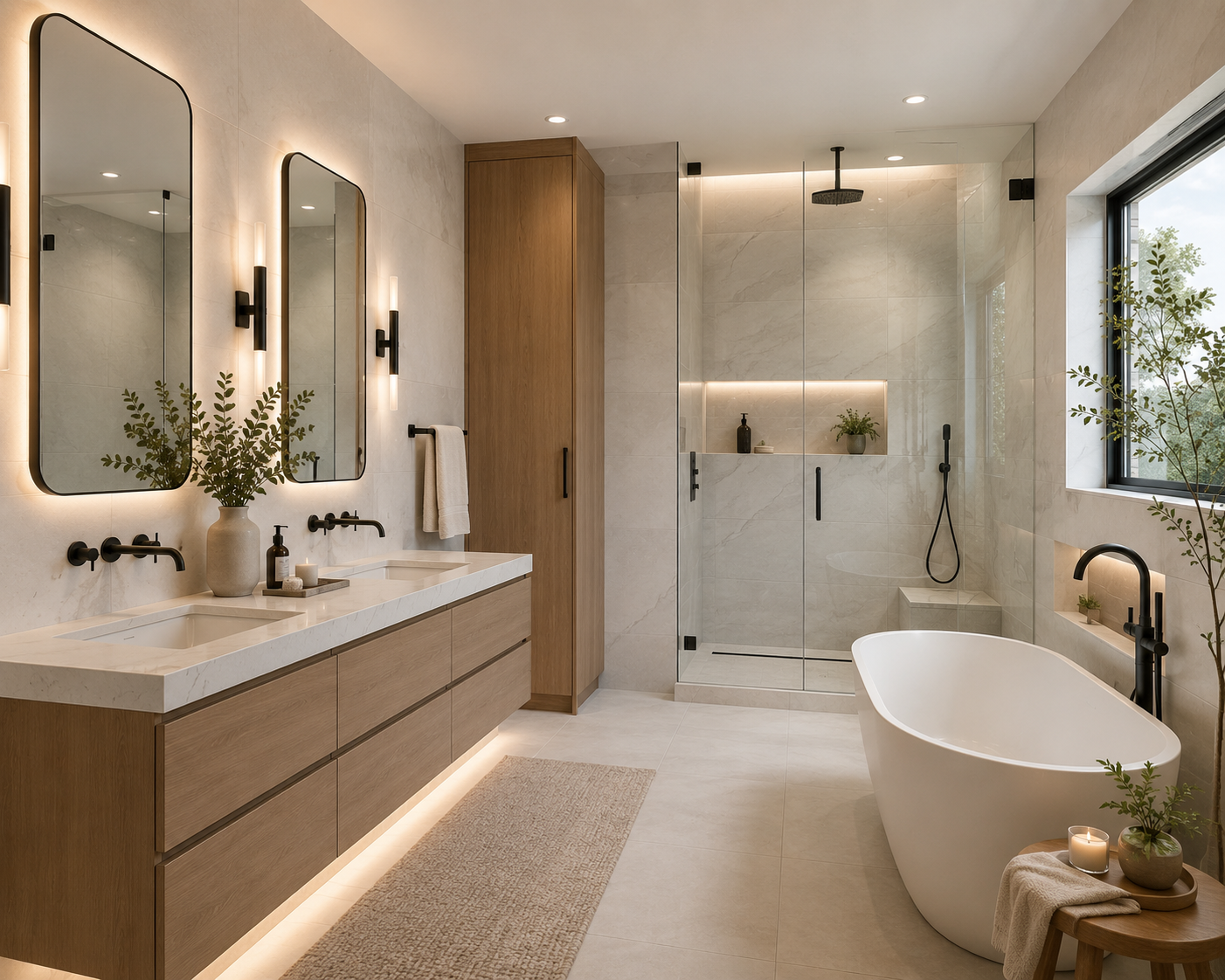 Modern bathroom with double sinks, freestanding tub, glass shower, wood cabinets, and large window.