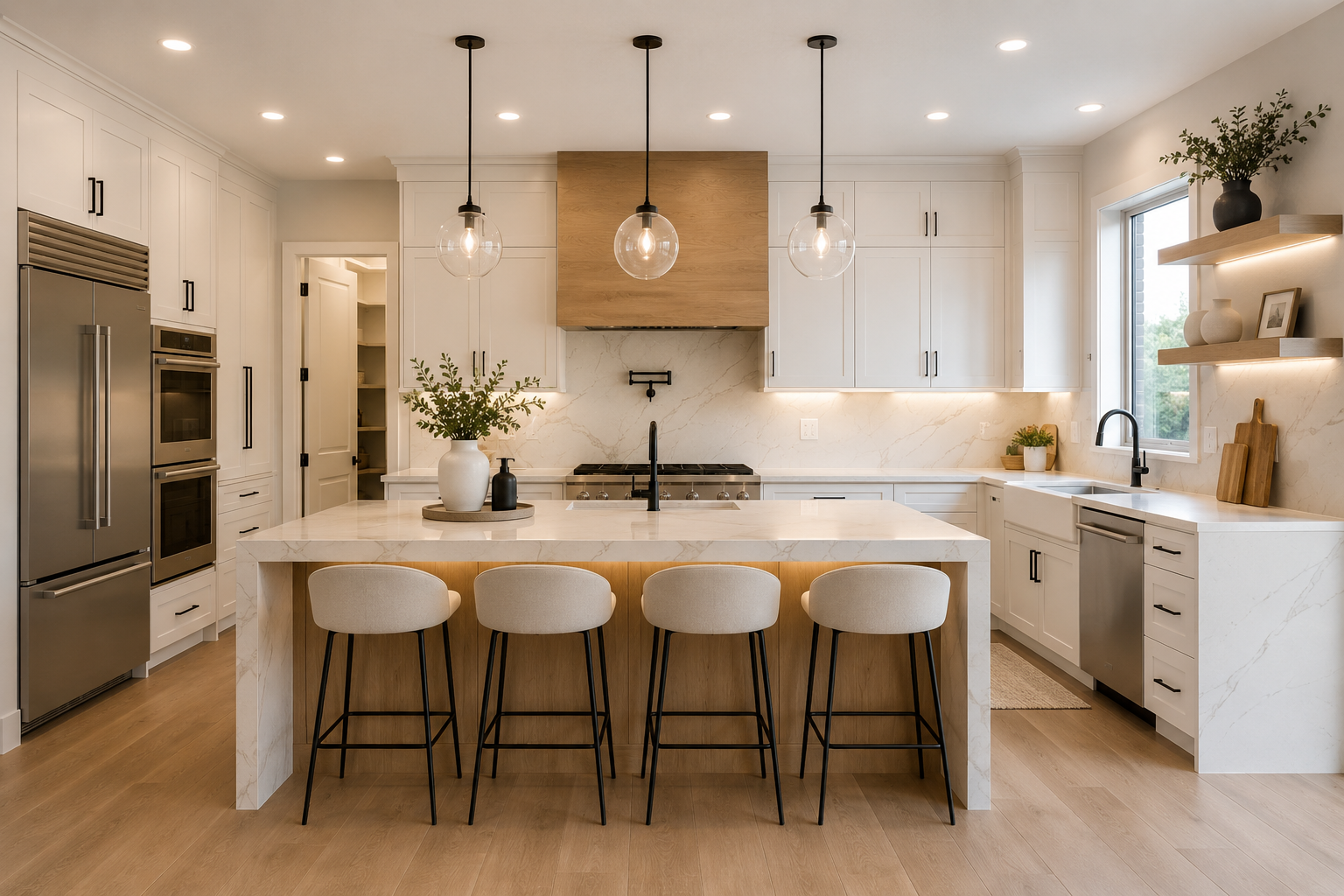Modern kitchen with white cabinets, marble island, four barstools, pendant lights, and wood accents.