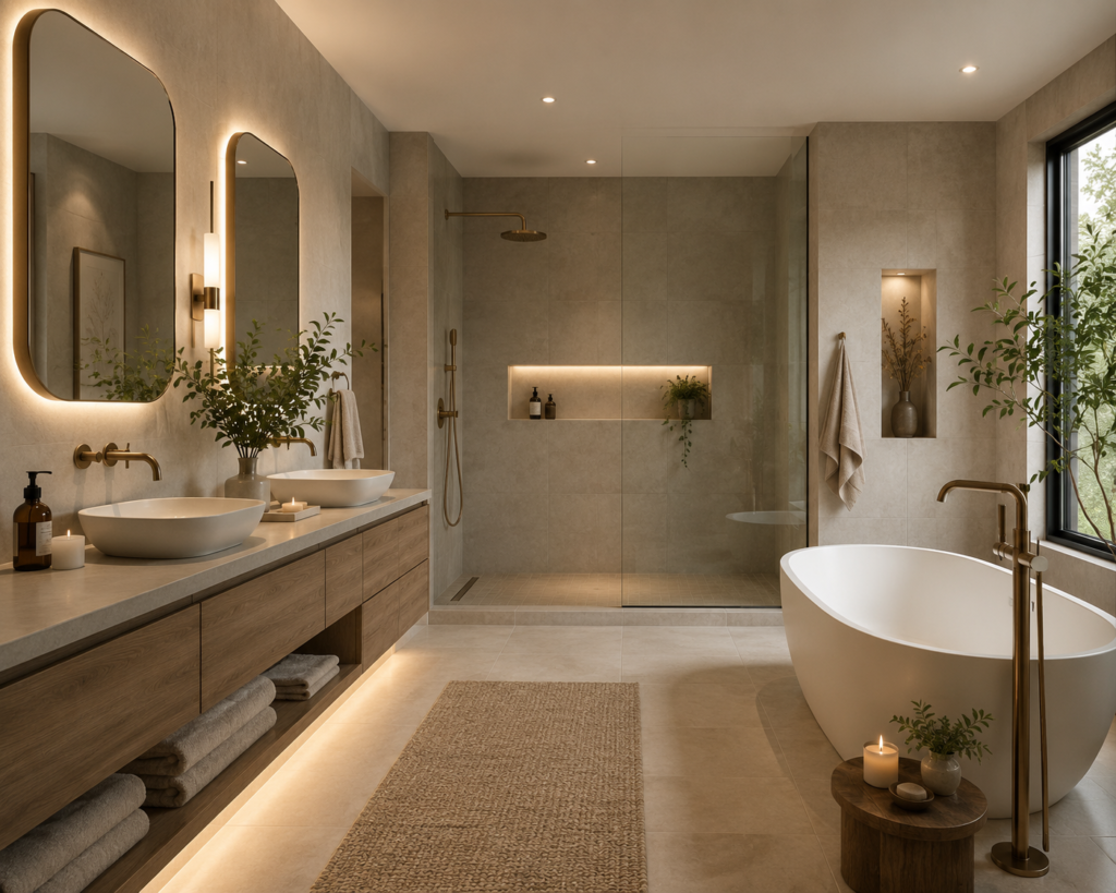 0FF202EE-4F67-4906-8D6C-1F59E192DD69 Modern bathroom with a freestanding tub, double sinks, large shower, and warm lighting, decorated with plants.