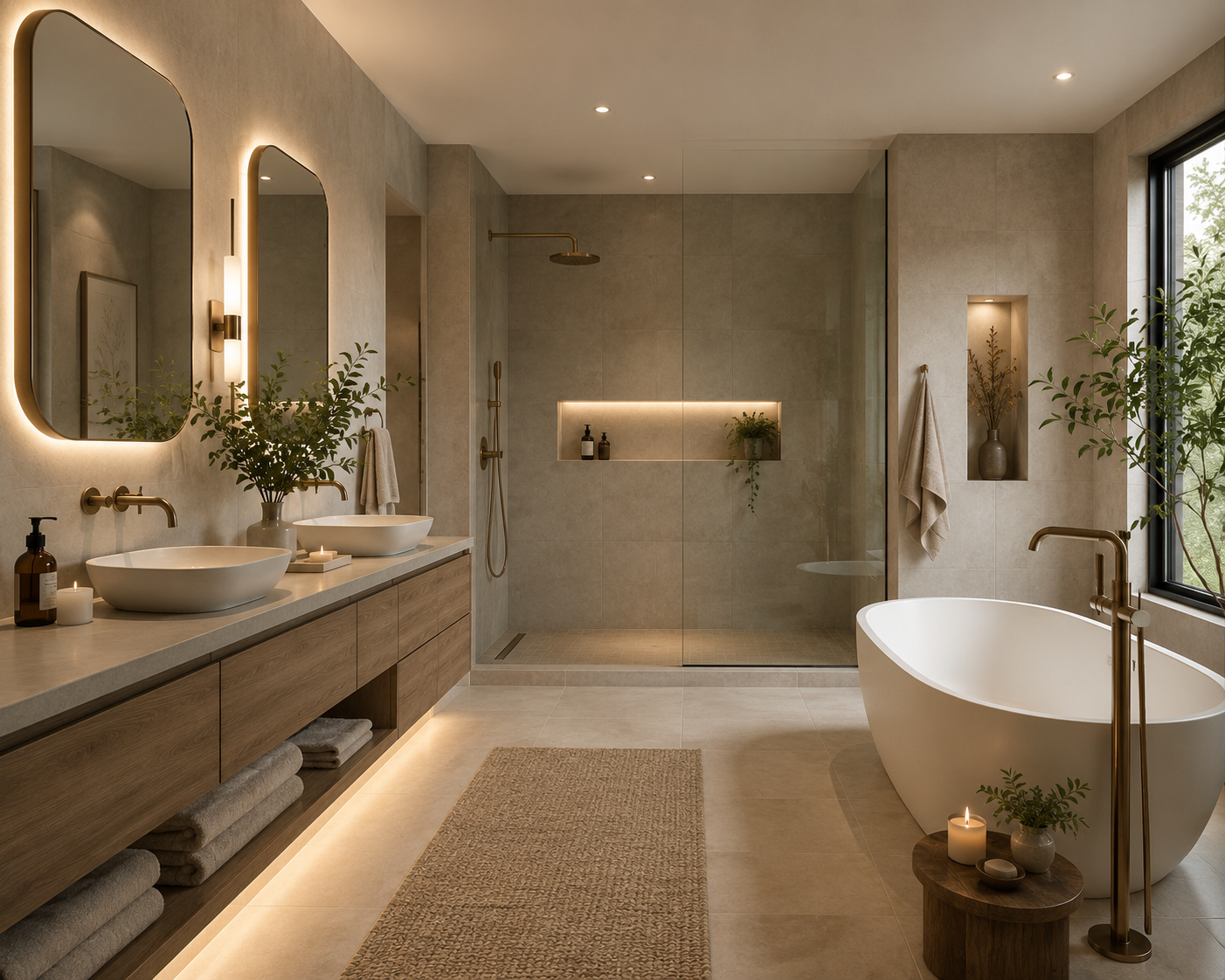 0FF202EE-4F67-4906-8D6C-1F59E192DD69 Modern bathroom with a freestanding tub, double sinks, large shower, and warm lighting, decorated with plants.