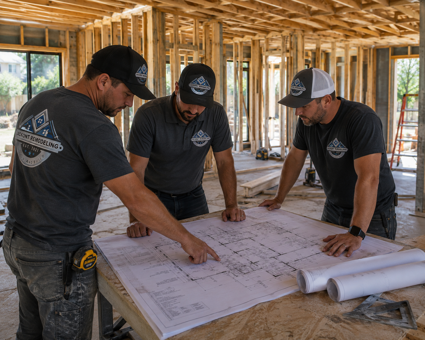 369AF54D-07F5-4903-9257-7C2120F5A3C6 Three men in matching shirts and hats review blueprints at a construction site with exposed wooden framing.