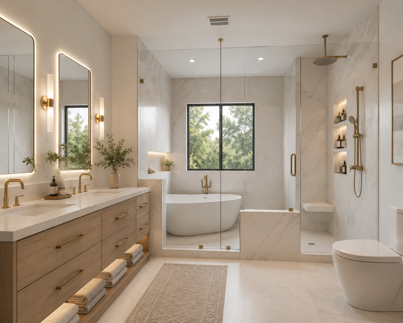 4C3BAD7E-02EB-4F33-B38B-F7701D05D013 Modern bathroom with double sink vanity, freestanding tub, glass shower, and large window letting in natural light.