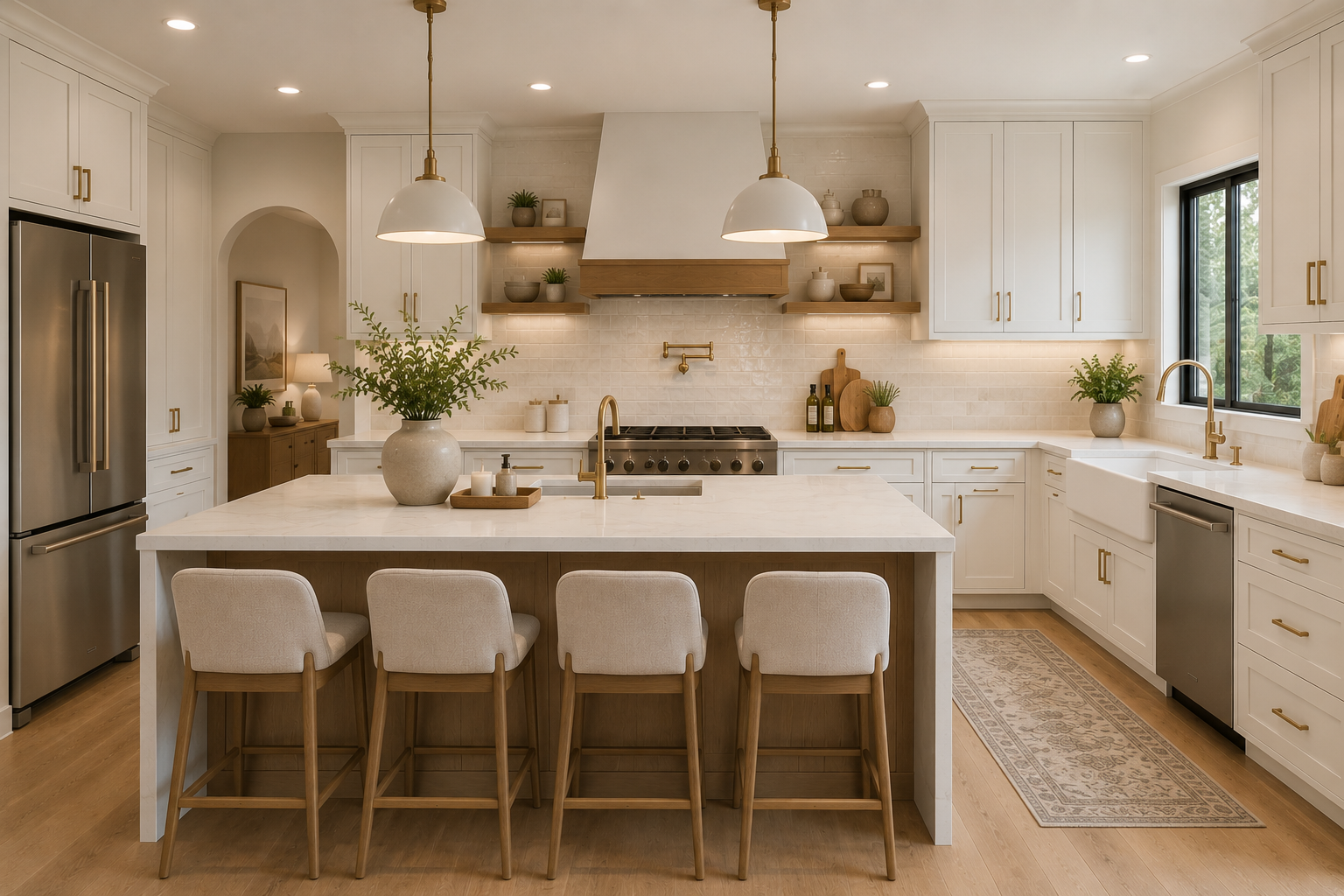93FE9E07-1A2C-450B-8D72-0945068D5EF6 Modern kitchen with white cabinets, a large island, pendant lights, and wooden accents.