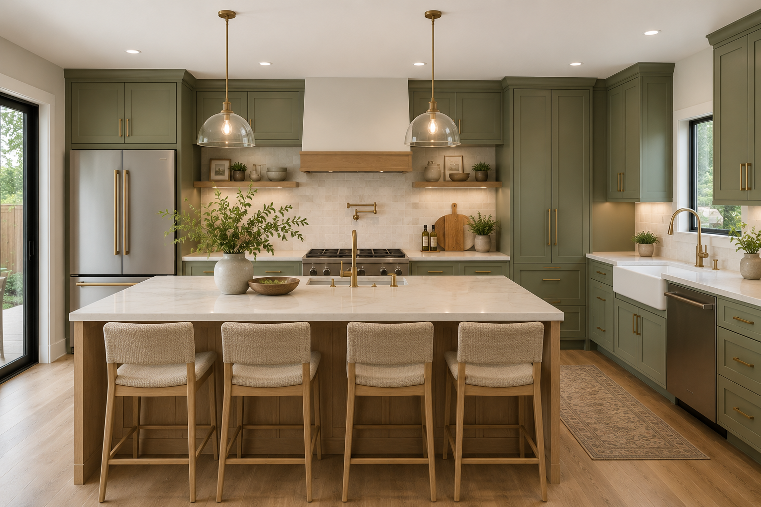 D39ECE7D-AEE0-4C33-9C26-C8672D42CD58 Modern kitchen with green cabinets, a large island, pendant lights, and four upholstered barstools.