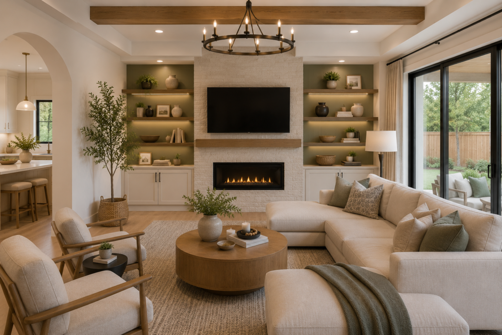 DD4220DE-A94E-4C42-A415-A4F50C1F37BA Modern living room with neutral decor, fireplace, wall-mounted TV, large sofa, and view of a backyard garden.