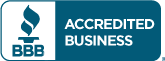 BBB Accredited Business logo with white torch symbol on a blue background.