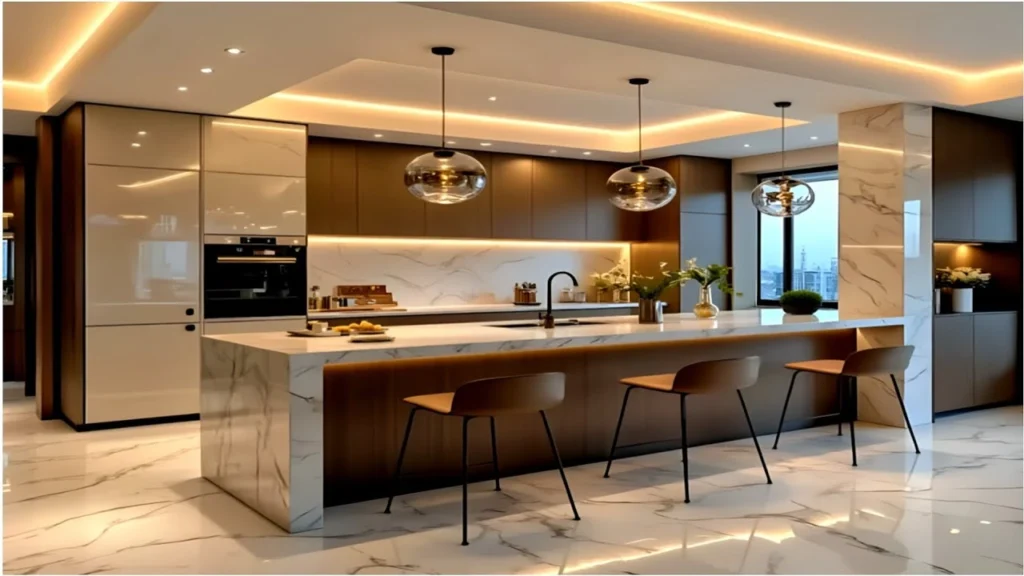 Modern kitchen with white cabinets, a large island, pendant lights, and wooden accents.