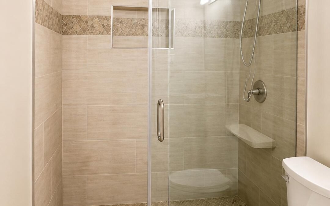 Tub-to-Walk-In Shower Conversion with Warm Neutral Tile and Sliding Glass Door