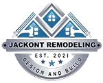Logo for Jackont Remodeling featuring blue houses and the text: "Jackont Remodeling, Design and Build, Est. 2021".