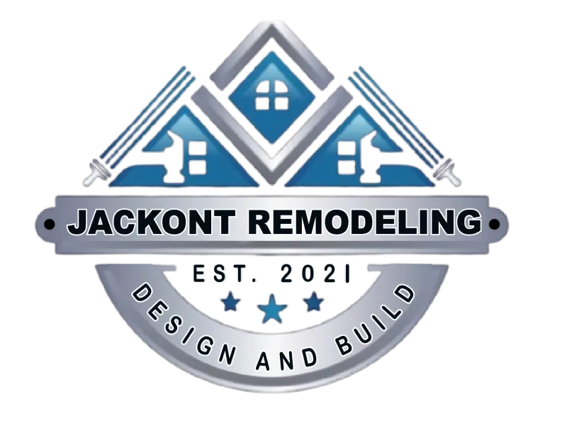 Logo for Jackont Remodeling featuring blue houses and the text: "Jackont Remodeling, Design and Build, Est. 2021".